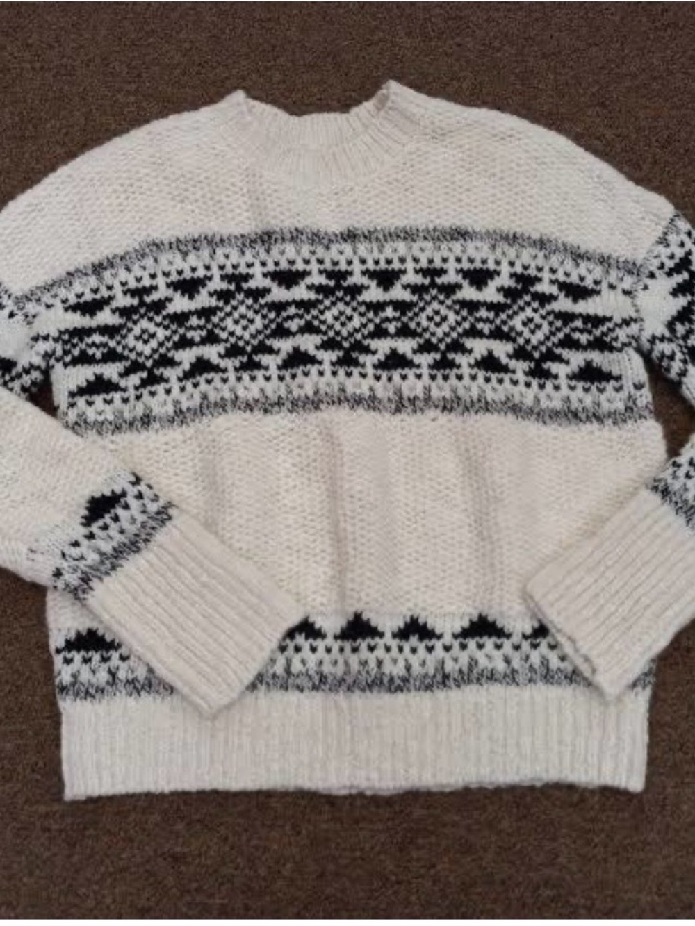 Lucky Brand Cream and Black Crewneck Nordic-Pattern Sweater
